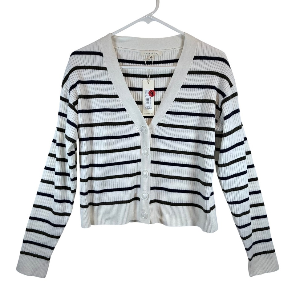 Copper Key Cardigan Size Medium Ivory Navy Black Striped Ribbed V-Neck Button Up